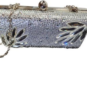 Silver Evening Bag With Detachable Silver Link Chain With Rhinestone Accents